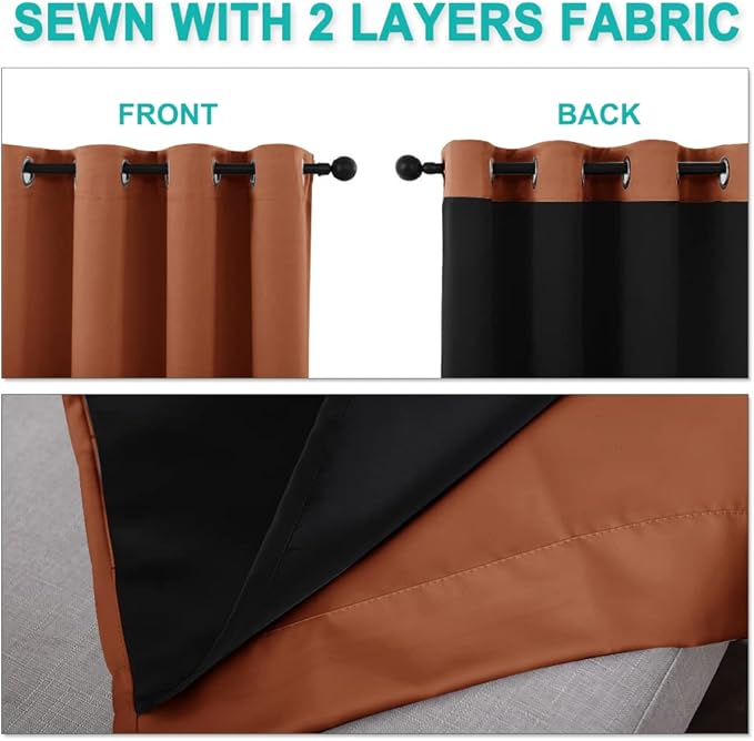 NICETOWN Burnt Orange 100% Blackout Curtains 45 inches Long, 2 Thick Layers Completely Blackout Window Treatment Thermal Insulated Lined Drapes for Small Window (1 Pair, 42 inches Width Each Panel)