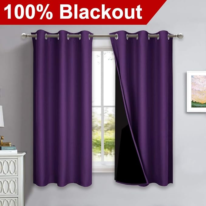 NICETOWN Room Warming 100% Blackout Curtain Panels, Black Liner Curtains for Kitchen Room, Noise Reducing and Cold Blocking Drapes for Windows (Set of 2, Royal Purple, 42-inch Wide by 63-inch Long)