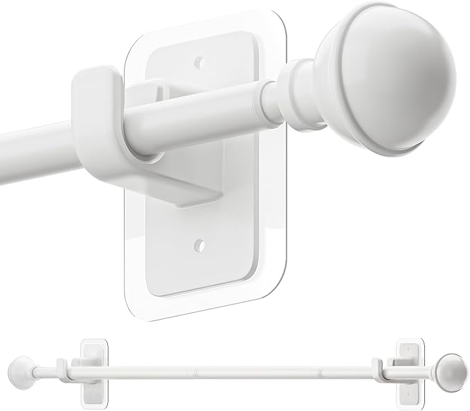 ENJOYBASICS No Drill Curtain Rods for Window 28 to 47 Inches, 5/8 Inch Diameter Renter Friendly Drapery Rod with Adhesive Brackets without Drilling, Adjustable from 27 to 52 Inches, White