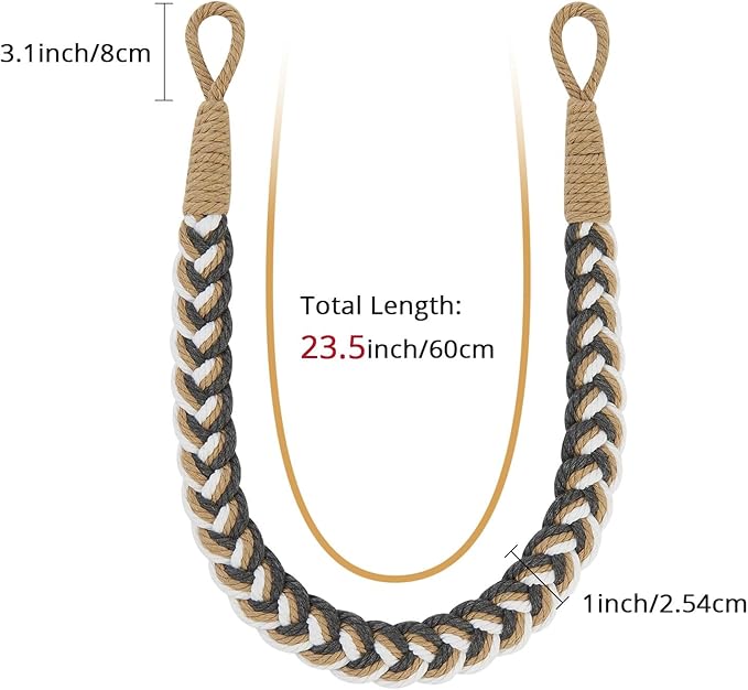 NICEEC 2 Pack Natural Cotton Rope Curtain Tiebacks Elegant Boho Style Decorative Drape Tie Backs Soft Hand-Woven Rope Curtain Holdbacks with Metal Hook for Home & Office Drapery (Grey & Beige)