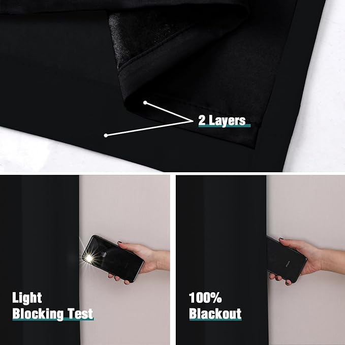ChrisDowa 100% Blackout Curtains for Bedroom with Black Liner, 2 Thick Layers Total Blackout Thermal Insulated Grommet Window Curtains 2 Panels Set (Black, 52 x 45 Inch)