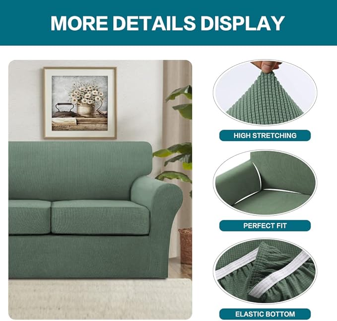 Turquoize 3 Piece Sofa Covers for 2 Cushion Couch Sofa Slipcover Soft Couch Cover for Dogs-Washable Sofa Furniture Covers with 2 Individual Cushion Covers, Jacquard Fabric (Loveseat, Loden Frost)