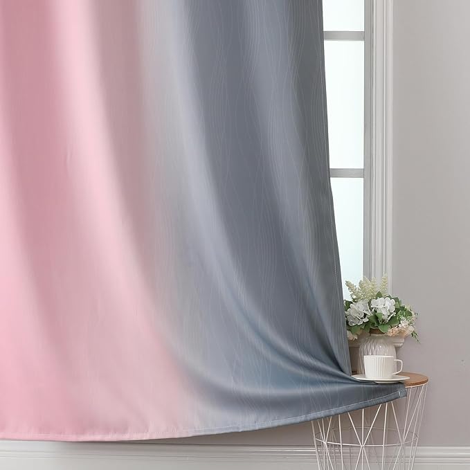 Estelar Textiler Pink and Grey Ombre Blackout Curtains 90 Inches Long 2 Panels Set,Thermal Insulated Drapes for Bedroom, Full Light Blocking Energy Saving Grommet Curtains for Living Room,52Wx90L