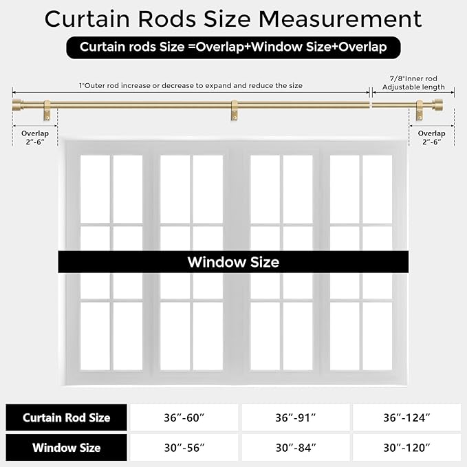 Modern Gold Curtain Rods for Windows 48 to 84 Inch, 1" Diameter Adjustable Heavy Duty Window Curtain Pole with Matte Gold End Cap Finials, Decorative Drapery Rods for Living Room, Bedroom