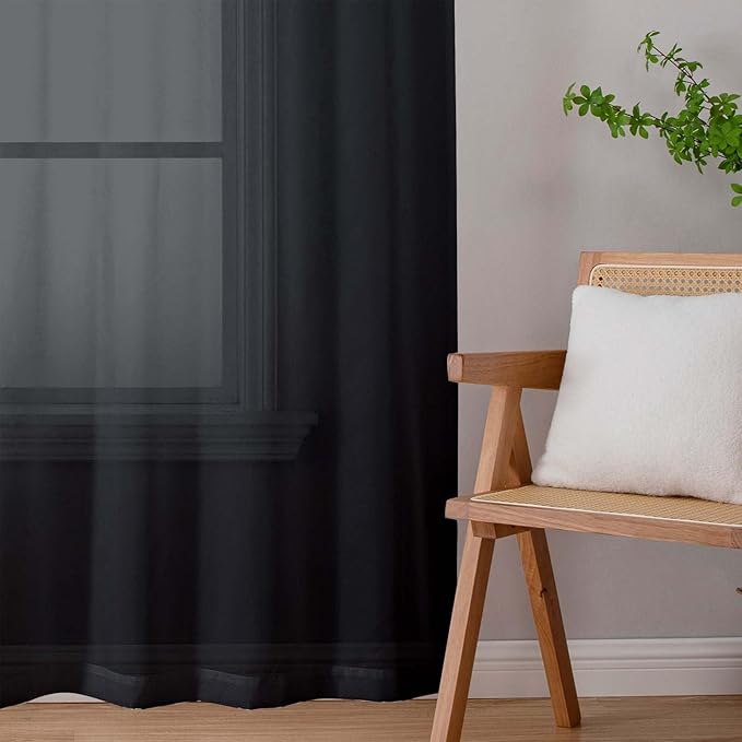 Sheer Black Curtains for Bedroom Living Room 63 Inch Length 2 Panels, Airy Soft Light Filtering Sheer Dining Room Curtains, Modern Rod Pocket Drapes, Black, Each 42" Wx63 L Inches