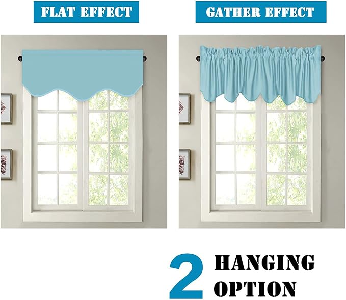 H.VERSAILTEX 4 Panels Blackout Curtain Valances for Kitchen Windows/Living Room/Bathroom Privacy Protection Rod Pocket Decoration Scalloped Window Valance Curtains, 52" W x 18" L, Aqua