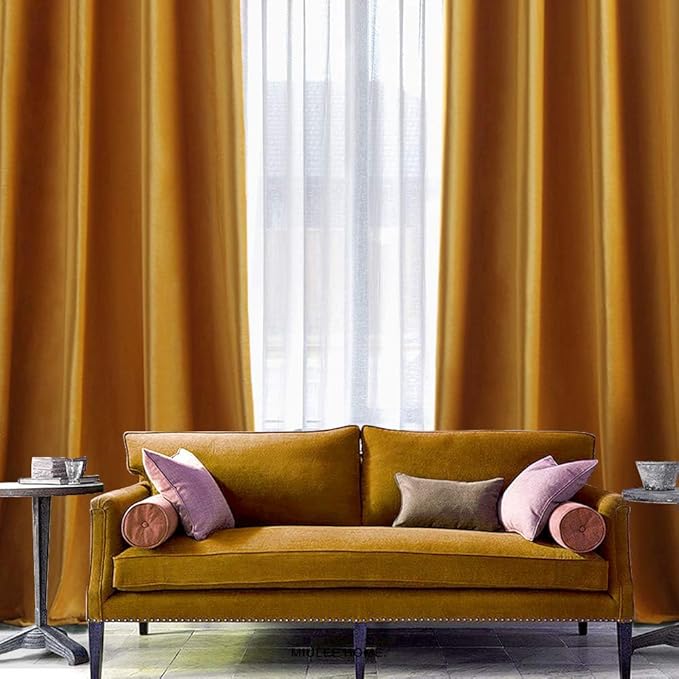 MIULEE 2 Panels Blackout Velvet Curtains Solid Soft Grommet Mustard Yellow Curtain Thermal Insulated Soundproof Room Darkening Curtains/Drapes/Panels for Fall Living Room Bedroom 52 x 90 Inch