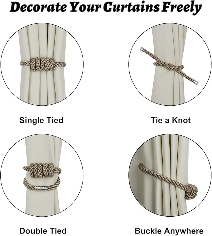 BEL AVENIR Magnetic Curtain Tiebacks, Decorative Drapery Holdbacks Modern Woven Tie-Backs with Exquisite Knot (Flaxen, 6 Pack)