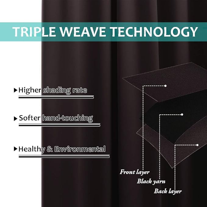 NICETOWN 100% Blackout Short Curtains with Black Liners, 2 Panels, 37" W by 50" L, Toffee Brown, Solid Thermal Insulated Full Blackout 2-Layer Lined Drapes, Energy Efficiency Window Drapes for Bedroom