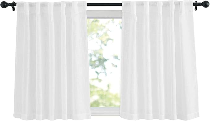 NICETOWN White Faux Linen Kitchen Curtains 36 inches Long, Rod Pockets & Back Tab Semi Sheer Privacy with Light Filtering Short Window Drapes for Cafe/Kids Room, W42 x L36, 2 Panels