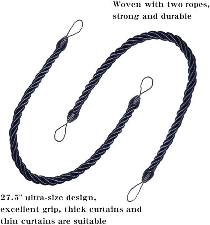 BEL AVENIR Curtain Rope Tiebacks, Drapery Rope Holdbacks with 4 Metal Screw Hooks (Navy, 4pack)