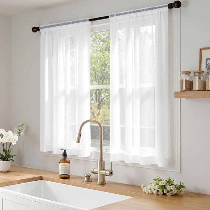 MIULEE Short Sheer Curtains 54 Inches Long, 4 Panels Set, Light Filtering Rod Pocket Curtains for Kitchen/Bathroom Small Windows, 42W x 54 Inches, White