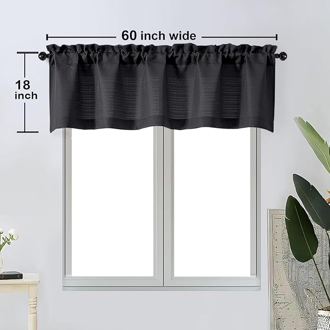 OWENIE Bob Valance Curtains 18 Inch Length 1 Piece, Faux Linen Slub Solid Black Kitchen Valance for Bedroom Living Room, Farmhouse Soft Airy Rod Pocket Small Window Curtain, Each 60Wx18L Inch