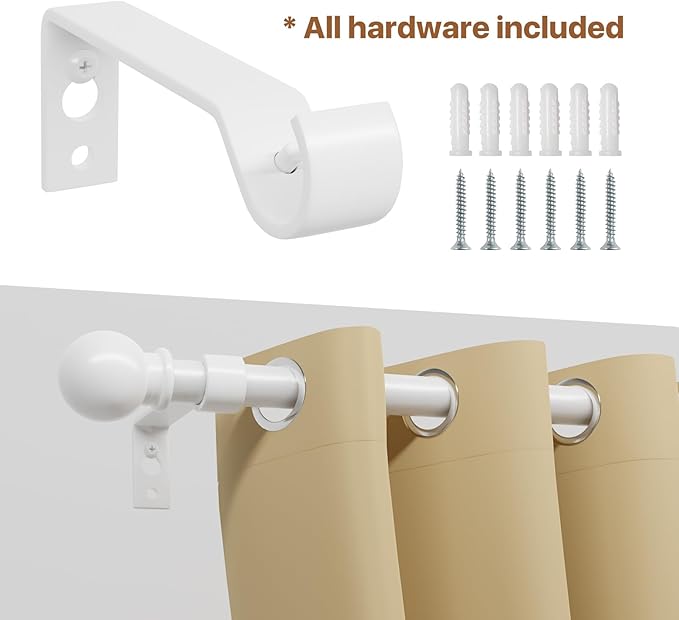 White Curtain Rods for Windows 30 to 62 inch, Splicing Adjustable 5/8 Diameter Curtain Rod Set, Decorative Standard Drapery Rod for Living Room, Heavy Duty Metal Curtain Pole, Easy Install - White