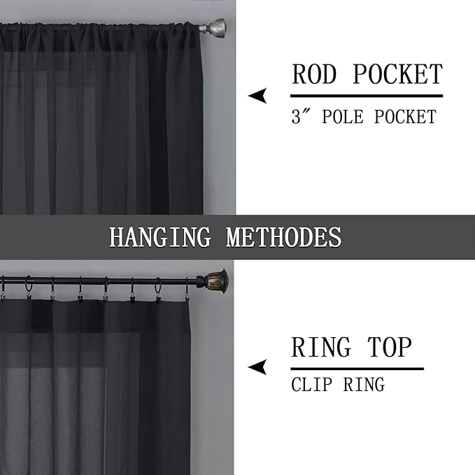Tollpiz Short Sheer Curtains Linen Textured Living Room Curtain Sheers Light Filtering Rod Pocket Voile Curtains for Bedroom, 42 x 45 inches Long, Black, Set of 2 Panels