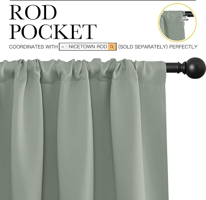 NICETOWN Blackout Curtains for Bedroom, Blackout Curtain Panels, Greyish Green, 1 Pair, 70 by 63-inch, Window Treatment Energy Saving Thermal Insulated Solid Rod Pocket Blackout Drapes/Draperies