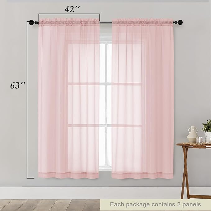 Sheer Blush Curtains for Bedroom Living Room 63 Inch Length 2 Panels, Airy Soft Light Filtering Sheer Dining Room Curtains, Modern Rod Pocket Drapes, Blush, Each 42" Wx63 L Inches