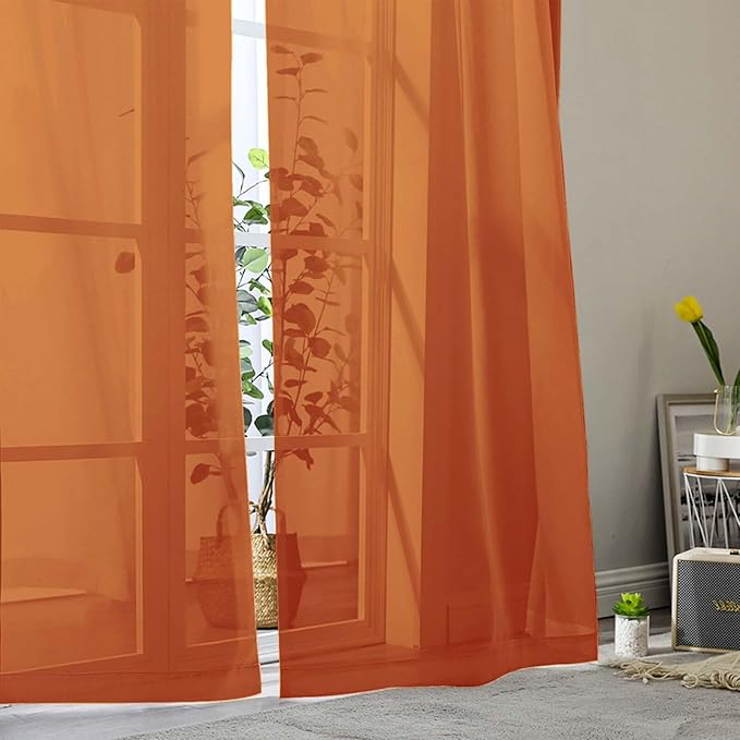 Orange Sheer Curtains for Bedroom Living Room 45 Inch Length 2 Panels, Soft Airy Light Filtering Small Kitchen Window Curtains, Rod Pocket Short Curtain Drapes, Orange, 42" Wx45 L Inches
