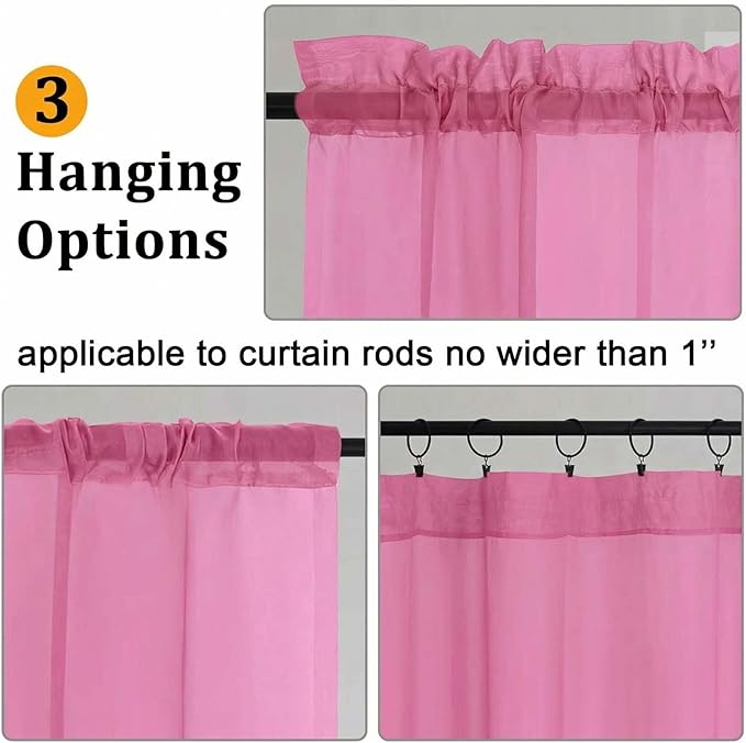 Gwine Short Kitchen Sheer Curtains 36 Inch Length - Light Filtering Voile Small Half Window Curtain for Basement, Rod Pocket Cafe Curtains for Bathroom Cabinet, 42Wx36L Inch, 2 Panels, Hot Pink