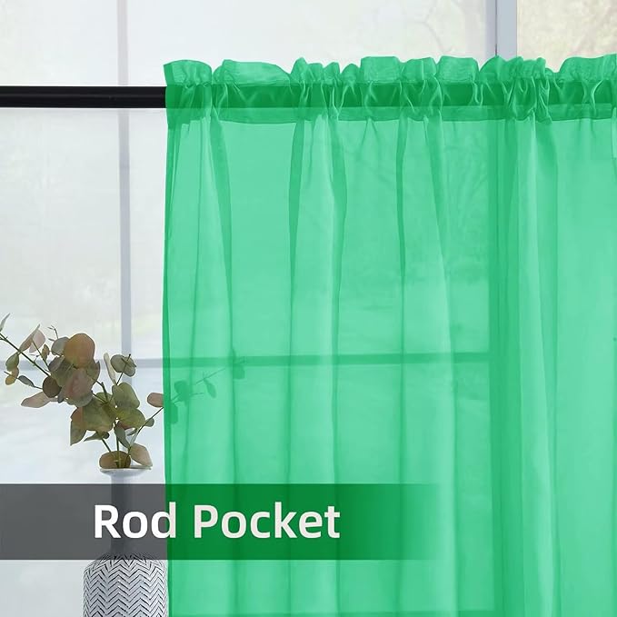 youleyar Solid Sheer Rod Pocket Curtain Voile Draperies 2 Panels White Beige Black Grey Ivory 52 Inch Width 90 Inch Long 1 Pair for Kitchen Bedroom Children Living Room Yard (Grass Green,52Wｘ90L)