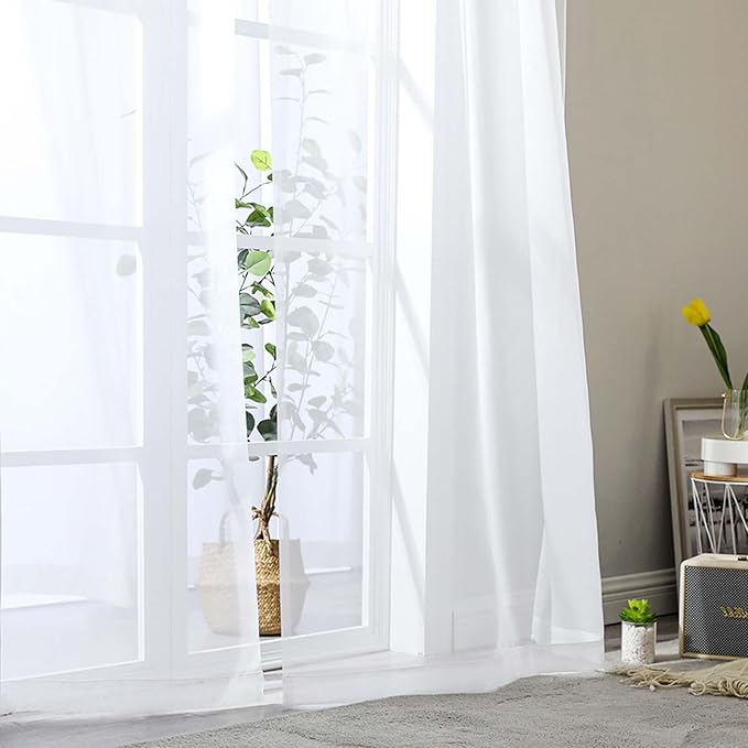 Extra Long Sheer White Curtains for Bedroom Living Room 108 Inches Long 2 Panels Set, Solid Soft Light Filtering Rod Pocket Sheer Window Curtains, White, Each 42" Wx108 L Inch