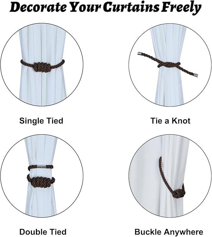 BEL AVENIR Magnetic Curtain Tiebacks, Decorative Drapery Holdbacks Modern Woven Tie-Backs with Exquisite Knot (Coffee, 2 Pack)