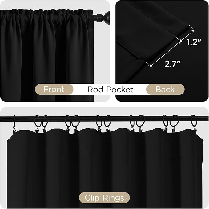 CUCRAF Black Blackout Curtains 108 inch Length 2 Panels Set, Rod Pocket Room Darkening Drapes for Bedroom Living Room, Insulated Thermal Light Blocking Window Curtain (W52 x L108 Inch)