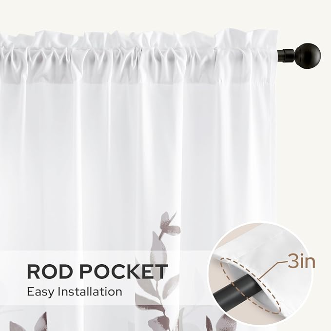 HOMEIDEAS Non-See-Through Dry Rose and White Privacy Sheer Curtains 52 X 84 Inch Length 2 Panels, Leaf Floral Printed Light Filtering Semi Sheer Window Curtains Drapes for Bedroom Living Room
