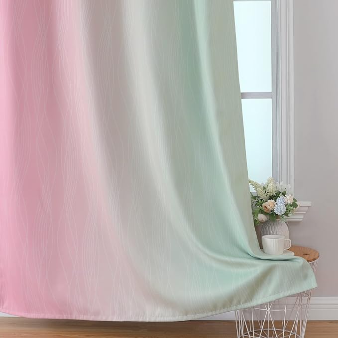 Estelar Textiler Sage and Pink Blackout Curtains 45 Inch Length, Light Blocking Gradient Drapes for Kitchen, Thermal Insulated Grommet Ombre Curtains for Bathroom,52Wx45L,2 Panels