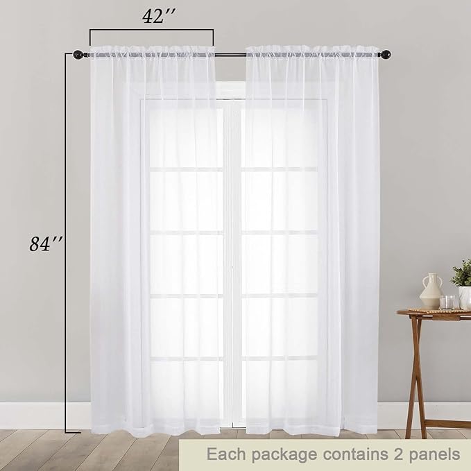 White Sheer Curtains 84 Inches Long 2 Panels Set for Bedroom Living Room, Soft Airy Light Filtering Modern Solid Rod Pocket Drapes Window Treatments, White, Each 42" W x 84" L