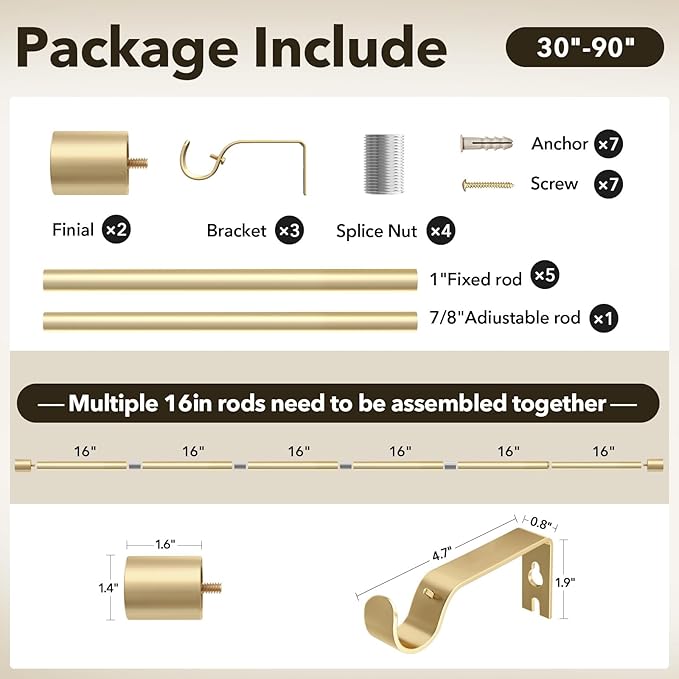 IFELS Heavy Duty Curtain Rods for Windows 48 to 84 Inch, 1 Inch Gold Curtain Rods for Outdoor, Farmhouse, Bedroom, Kitchen, Living Room, Adjustable Easy Install Curtains Rod (A2,Gold,30"-90")