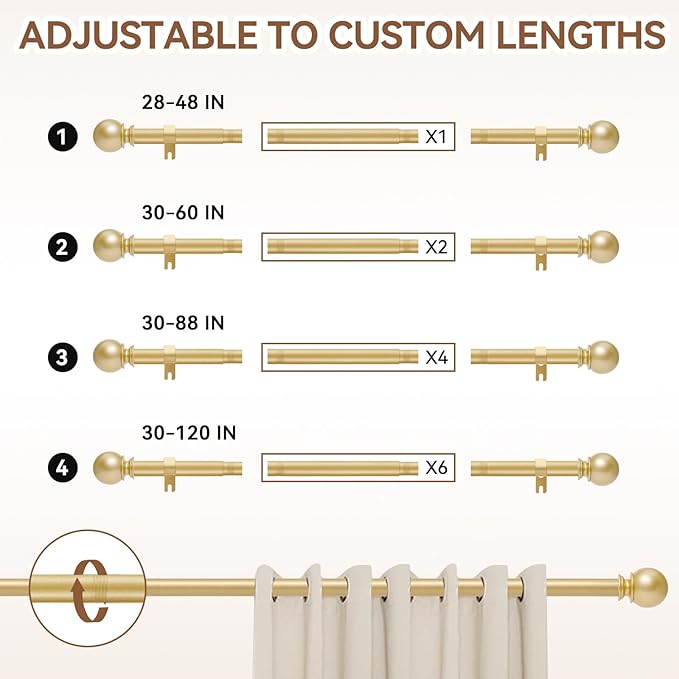 Gold Curtain Rod for Windows 30 to 60 Inch, 5/8 Inch Diameter Adjustable Curtain Rods With Brackets, Heavy Duty Easy to Install Curtain Rods for Bedroom, Outdoor Curtain Rod for Patio