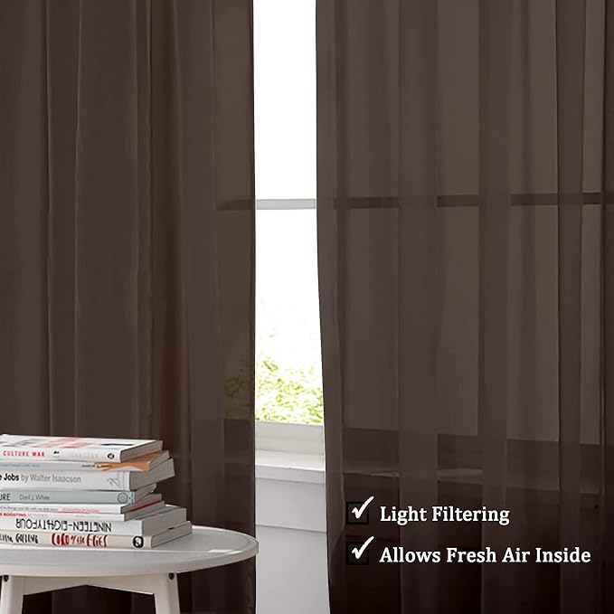 OWENIE Sheer Chocolate Curtains, Sheer Curtains 90 Inches Long 2 Panels Set, Rod Pocket Voile Fimly Sheer Drapes for Living Room/Bedroom, 2pcs, Chocolate, Each 42" W x 90" L