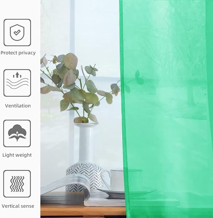 youleyar Solid Sheer Rod Pocket Curtain Voile Draperies 2 Panels White Beige Black Grey Ivory 52 Inch Width 90 Inch Long 1 Pair for Kitchen Bedroom Children Living Room Yard (Grass Green,52Wｘ90L)