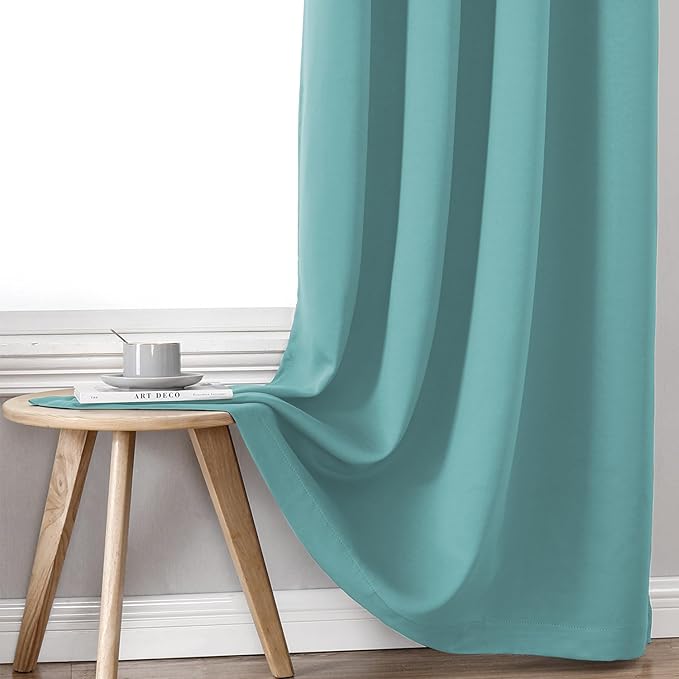 ChrisDowa 100% Blackout Curtains 63 inch Long for Bedroom with Black Liner, Extra Wide 2 Thick Layers Total Blackout Thermal Insulated Grommet Window Curtains 2 Panels Set (Aqua, 60 x 63 Inch)