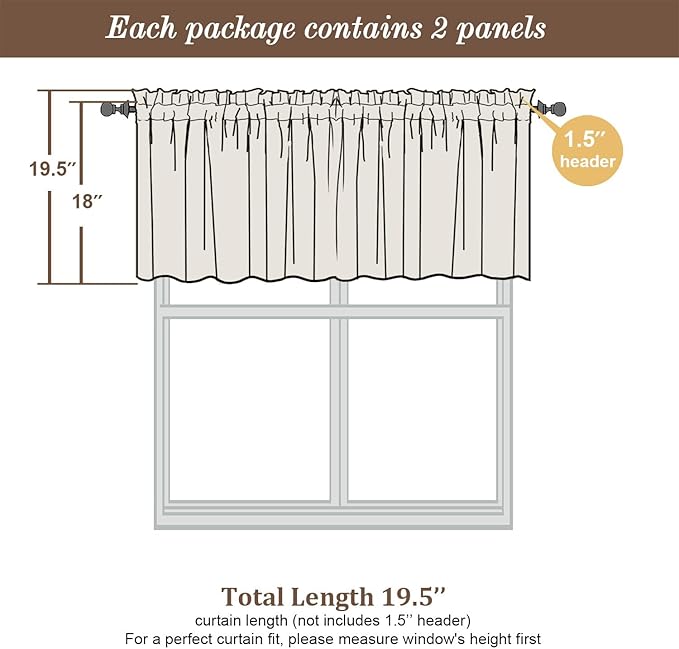 Chyhomenyc Taupe Valances for Window, Room Darkening Short Curtains for Kitchen Bedroom Living Room, Rod Pocket Top Small Window Treatment Valance RV Bunk Panels, 40Wx18L, 2 Pieces