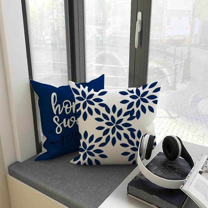 YCOLL Pillow Covers 16x16 Set of 4, Modern Sofa Throw Pillow Cover, Decorative Outdoor Linen Fabric Pillow Case for Chair Sofa Couch Bed Car, Dark Blue