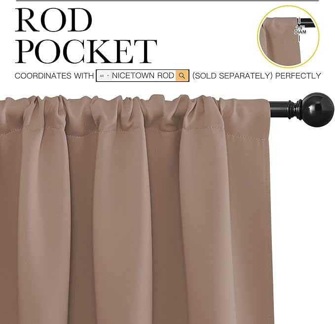 NICETOWN Kitchen Window Blackout Curtains - Window Treatment Thermal Insulated Rod Pocket Small Blackout Draperies/Drapes for Bedroom/Kitchen (Cappuccino, Set of 2, 34 in x 72 in (W x L)