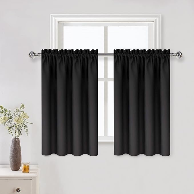 DWCN Black Short Blackout Curtains for Small Window, Thermal Insulated Energy Saving Room Darkening Curtains for Kitchen/Bedroom (W42 x L36 inch, Set of 2 Panels, Top of Rod Pocket)