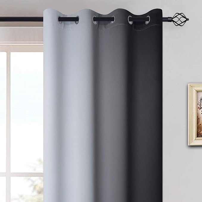 Yakamok Light Blocking Grommet Ombre Curtains,Symmetrical Gradient Color Curtains, Room Darkening Drapes for Bedroom (Black and Greyish White, 52x96 Inch, Set of 2)