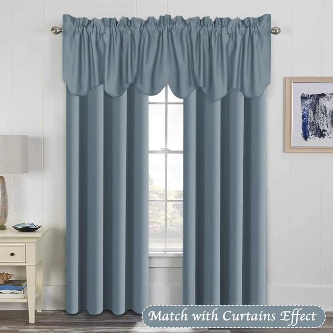 H.VERSAILTEX 2 Panels Blackout Curtain Valances for Kitchen Windows/Living Room/Bathroom Privacy Protection Rod Pocket Decoration Scalloped Winow Valance Curtains, 52" W x 18" L, Stone Blue