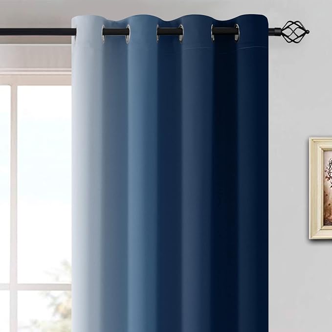 Yakamok 72 Inch Length Light Blocking Grommet Window Drapes,Blue and Greyish White Room Darkening Gradient Color Curtains for Bedroom(52x72 Inch, Set of 2)