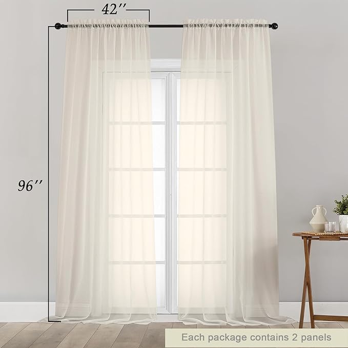 Cream Sheer Curtains for Bedroom Living Room 96 Inches Long 2 Panels, Modern Airy Soft Lightweight Rod Pocket Light Filtering Sheer Curtains Drapes, Cream, Each 42" Wx96 L Inch