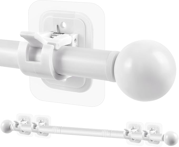 Curtain Rods No Drilling for Windows Set 30 to 45 Inch,5/8 Inch Diameter Drapey Pole with No Drill Curtain Rod Brackets,Renter Friendly Cortineros Para Ventanas with Adhesive Holder Hook (White)