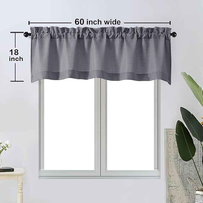 OWENIE Bob Valance Curtains 18 Inch Length 1 Piece, Faux Linen Slub Solid Dark Grey Kitchen Valance for Bedroom Living Room, Farmhouse Soft Airy Rod Pocket Small Window Curtain, Each 60Wx18L Inch