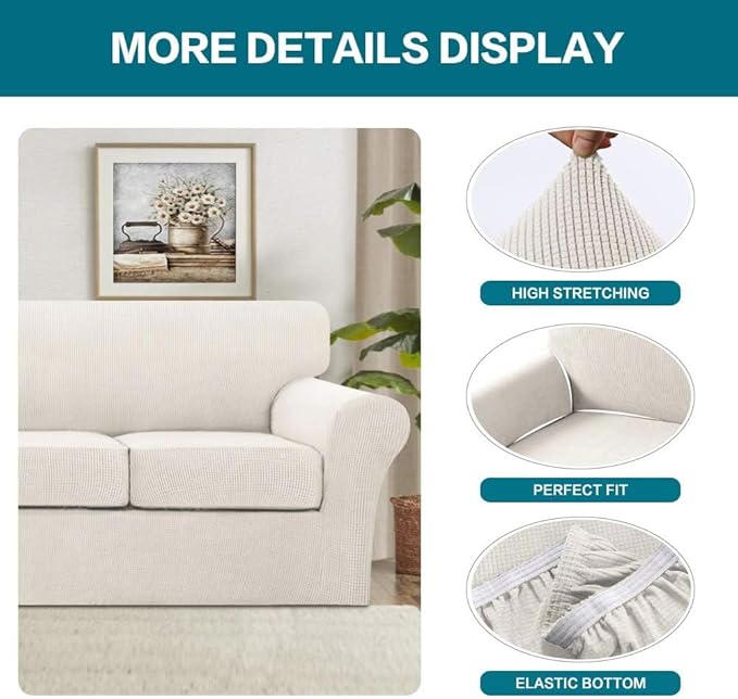 Turquoize 3 Piece Sofa Covers for 2 Cushion Couch Loveseat Slipcover Soft Couch Cover for Dogs-Washable Sofa Furniture Cover with 2 Individual Cushion Covers, Thick Jacquard Fabric (Loveseat, Ivory)