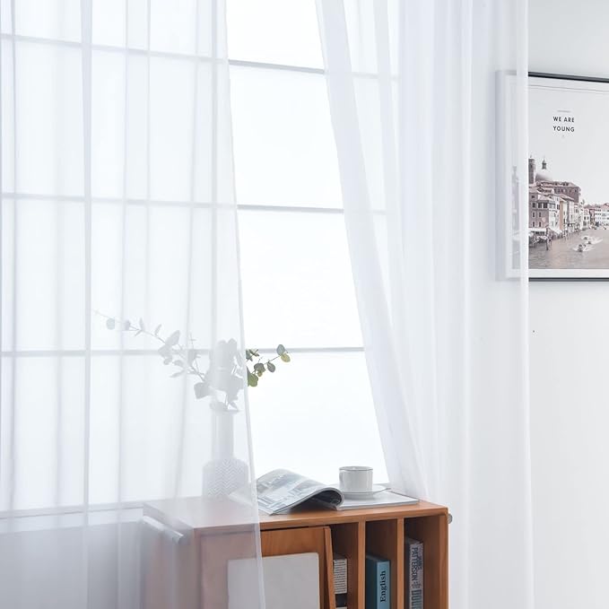 SpaceDresser Basic Rod Pocket Sheer Voile Window Curtain Panels White 1 Pair 2 Panels 42 Width 84 Inch Long for Kitchen Bedroom Children Living Room Yard(White,42 W x 84 L)