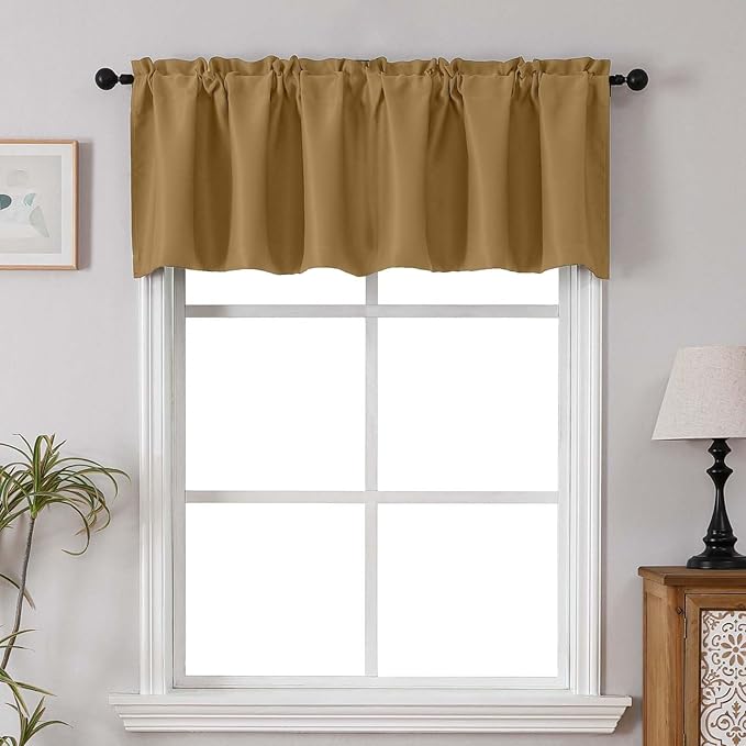 Chyhomenyc Gold Blackout Valances for Windows, Short Window Valance Curtains for Living Room Bedroom Bathroom, Room Darkening Solid Privacy Small Kitchen Valances, 60Wx16L, 2 Pack