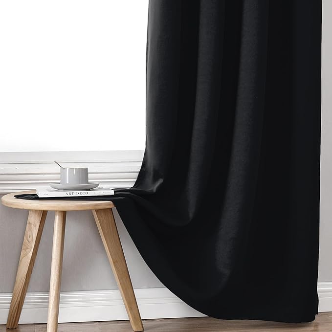 ChrisDowa 100% Blackout Curtains for Bedroom with Black Liner, 2 Thick Layers Total Blackout Thermal Insulated Grommet Window Curtains 2 Panels Set (Black, 52 x 54 Inch)