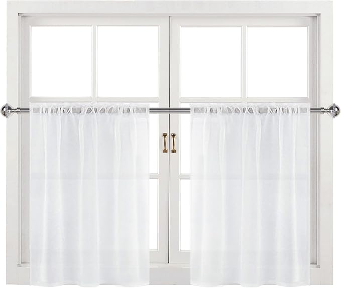 DWCN White Sheer Curtains for Kitchen Windows - Rod Pocket Semi Transparent Voile Tier Curtains for Bedroom, Living Room, Farmhouse, 52 x 36 inches Long, Set of 2 Panels